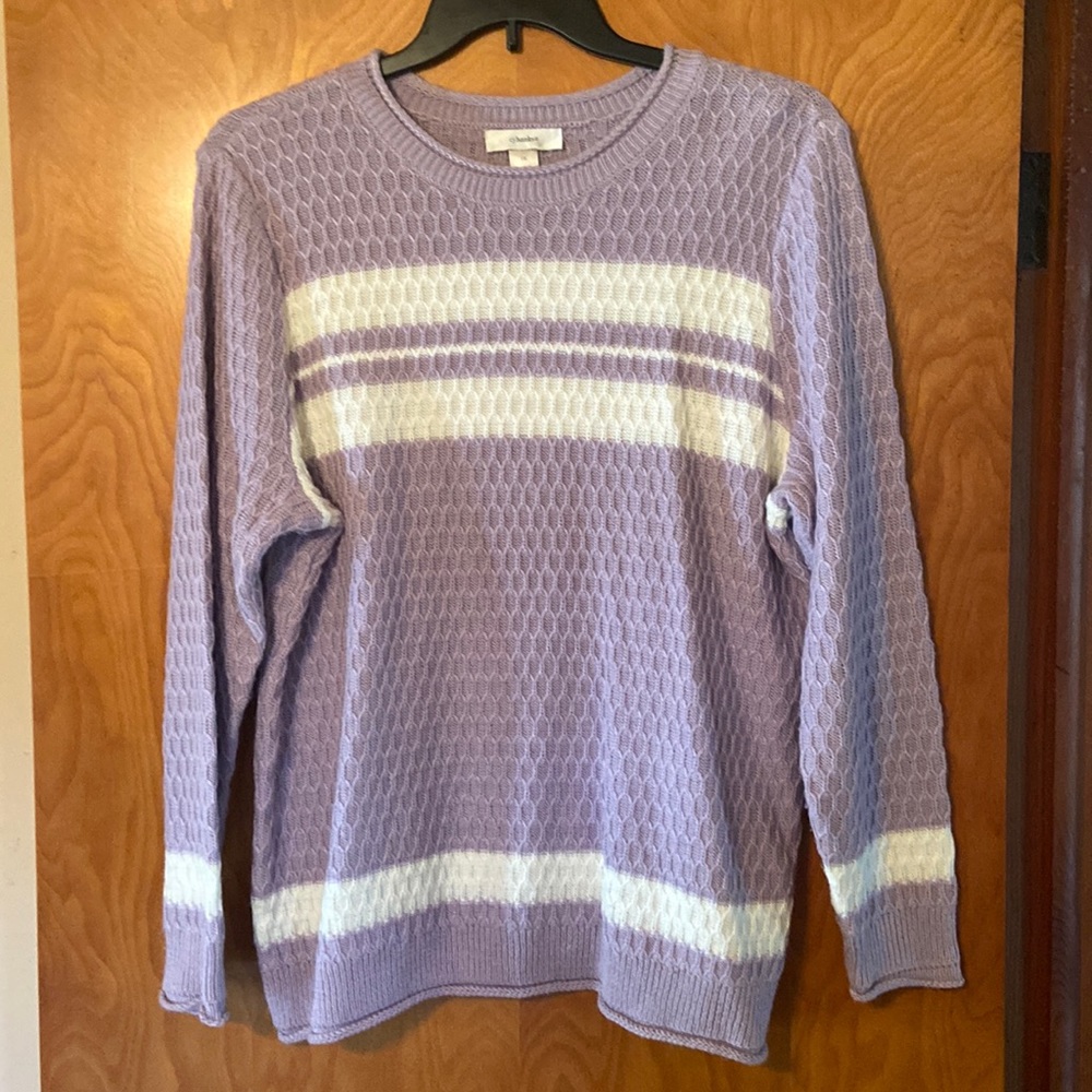 NWOT CJ Banks Long Sleeve Purple and White Sweater